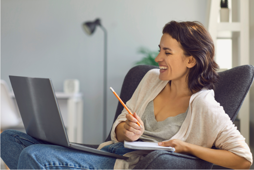 Woman participating in a virtual leadership retreat.