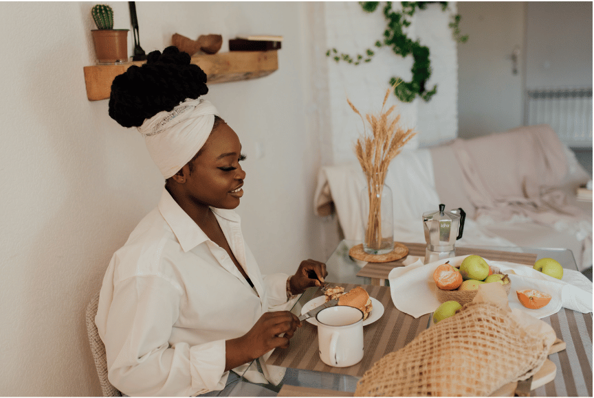 a woman enjoying her food.