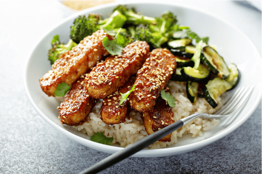 Tempeh dish showing how to hit protein goals.