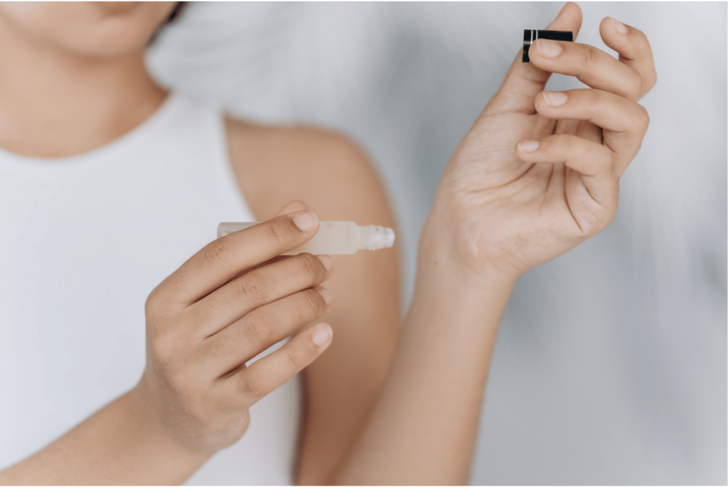 a woman using her stress relief kit.