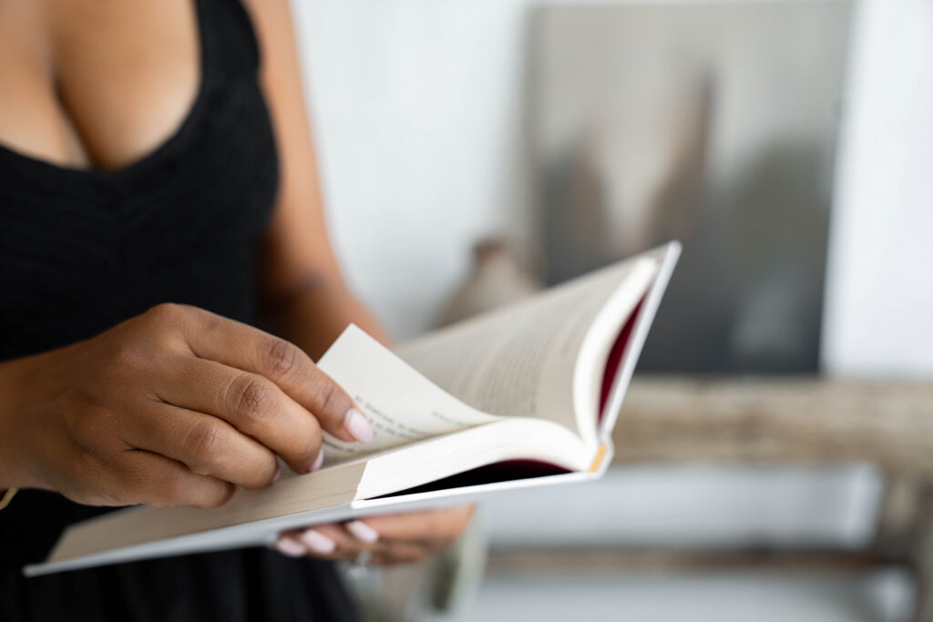 Woman reading poems about self worth.